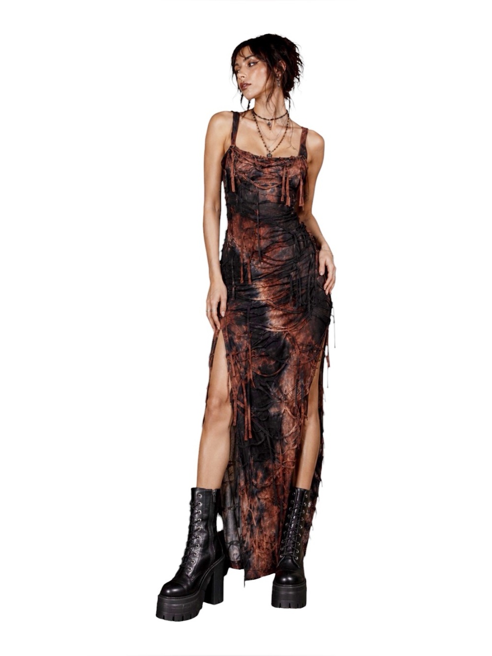 Micas Mesh Distressed Maxi Dress Brown Black Tie Dye Goth Grunge Size Medium New